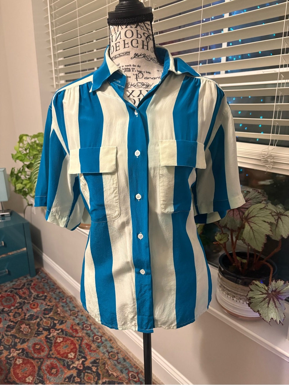 Liz Claiborne Teal and Cream Vertical Stripe Short-Sleeve Button-Down Shirt